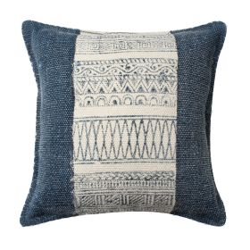 18 x 18 Square Handwoven Accent Throw Pillow; Polycotton Dhurrie; Kilim Pattern; White; Blue