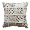 18 x 18 Square Cotton Accent Throw Pillow; Fluffy Fringes; Soft Block Print Raised Pattern; Cream; Blue