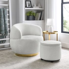 Swviel Barrel Chair with Gold Stainless Steel Base; with Storage Ottoman; Teddy Fabric; Ivory