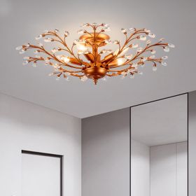 Elegant Crystal Leaves Antique Copper Semi Flush Mount Chandelier