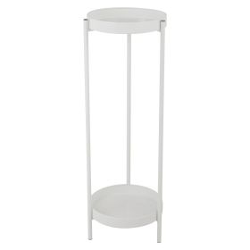 Modern Plant Stand, Foldable Potted Plant Holder with 2 Round Trays, Metal Flowers Pot Base for Indoor and Outdoor, White