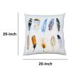 20 x 20 Modern Square Cotton Accent Throw Pillow; Printed Feather Patterned Design; White; Multicolor