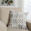 18 x 18 Square Cotton Accent Throw Pillow; Fluffy Fringes; Soft Block Print Raised Pattern; Cream; Blue