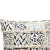 18 x 18 Square Cotton Accent Throw Pillow; Fluffy Fringes; Soft Block Print Raised Pattern; Cream; Blue