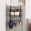 Hooks on the door to hang clothes; towel rack on the door with 2 baskets; coat rack on the door bathroom organizer; black