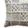 18 x 18 Square Cotton Accent Throw Pillow; Fluffy Fringes; Soft Block Print Raised Pattern; Cream; Blue