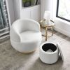 Swviel Barrel Chair with Gold Stainless Steel Base; with Storage Ottoman; Teddy Fabric; Ivory