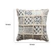 18 x 18 Square Cotton Accent Throw Pillow; Fluffy Fringes; Soft Block Print Raised Pattern; Cream; Blue