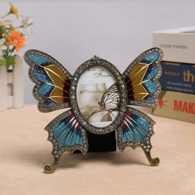 Butterfly Retro Metal Blue Photo Frame Oval Vintage Fashion Lightweight High Hardness Rhinestones Home Decor Ornament Embenllish (Color: Blue, size: 5 inch)