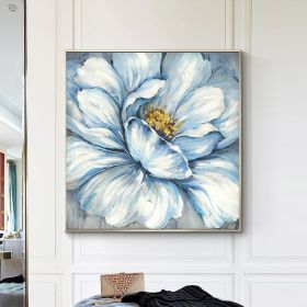 Handmade Gold Foil Abstract Oil Painting Wall Art Modern Minimalist Blue Color Flowers Canvas Home Decorative For Living Room No Frame (size: 90x90cm)