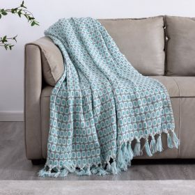 Tassel Thread Blanket Geometry Woven Office Air Conditioner Lunch Break Towel Blanket Shawl Sofa Bedroom Vintage Lattice Splice (Color: Sky blue, size: 130x150cm)