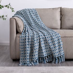 Tassel Thread Blanket Geometry Woven Office Air Conditioner Lunch Break Towel Blanket Shawl Sofa Bedroom Vintage Lattice Splice (Color: Blue, size: 150x200cm)