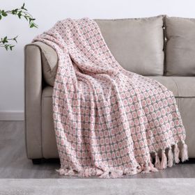 Tassel Thread Blanket Geometry Woven Office Air Conditioner Lunch Break Towel Blanket Shawl Sofa Bedroom Vintage Lattice Splice (Color: Pink, size: 150x200cm)