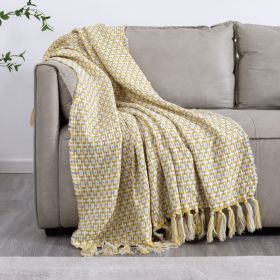 Tassel Thread Blanket Geometry Woven Office Air Conditioner Lunch Break Towel Blanket Shawl Sofa Bedroom Vintage Lattice Splice (Color: yellow, size: 130x150cm)