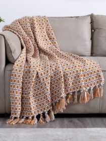 Tassel Thread Blanket Geometry Woven Office Air Conditioner Lunch Break Towel Blanket Shawl Sofa Bedroom Vintage Lattice Splice (Color: Orange, size: 130x150cm)