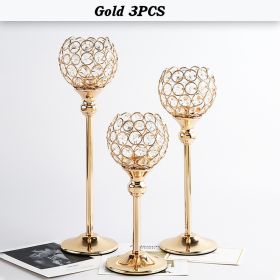 Crystal Candle Holder Pillar Gold/Silver Metal Tealight Candlestick Wedding Table Centerpiece Party Christmas Home Desktop Decor (Ships From: CN, Color: Gold 3PCS)