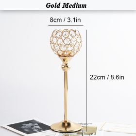 Crystal Candle Holder Pillar Gold/Silver Metal Tealight Candlestick Wedding Table Centerpiece Party Christmas Home Desktop Decor (Ships From: CN, Color: Gold Medium)