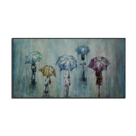 People Walking In The Rain With Umbrella Painting 100% Hand Painted Oil Painting On Canvas Decorative Blue Wall Art For House (size: 40x80cm)