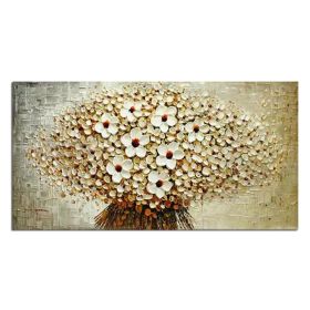 100% Hand-painted modern home decor wall art picture a bunch of beige flowers thick paint palette knife oil painting on canvas (size: 70x140cm)