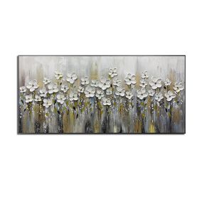 Handmade Gold Foil Abstract Oil Painting  Wall Art Modern Minimalist White Flowers Canvas Home Decorative For Living Room No Frame (size: 40x80cm)