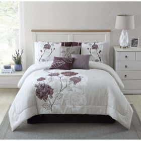 7-Piece Comforter Set; Full/Queen; Shams; 3 Dec Pillows and Bed Skirt (Color: Purple, Material: 100% Polyester Microfiber)