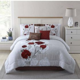 7-Piece Comforter Set; Full/Queen; Shams; 3 Dec Pillows and Bed Skirt (Color: Red, Material: 100% Polyester Microfiber)